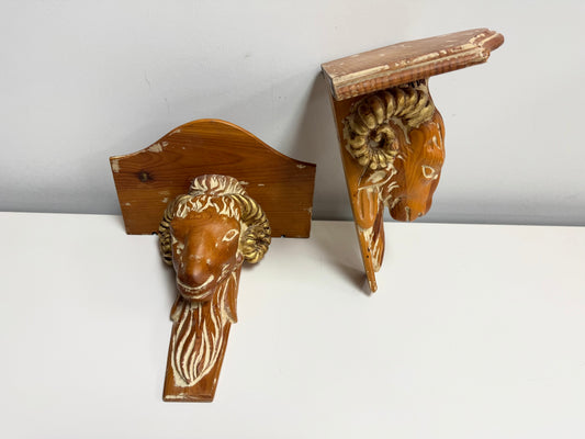 Ram's Head Wooden Shelf Pair