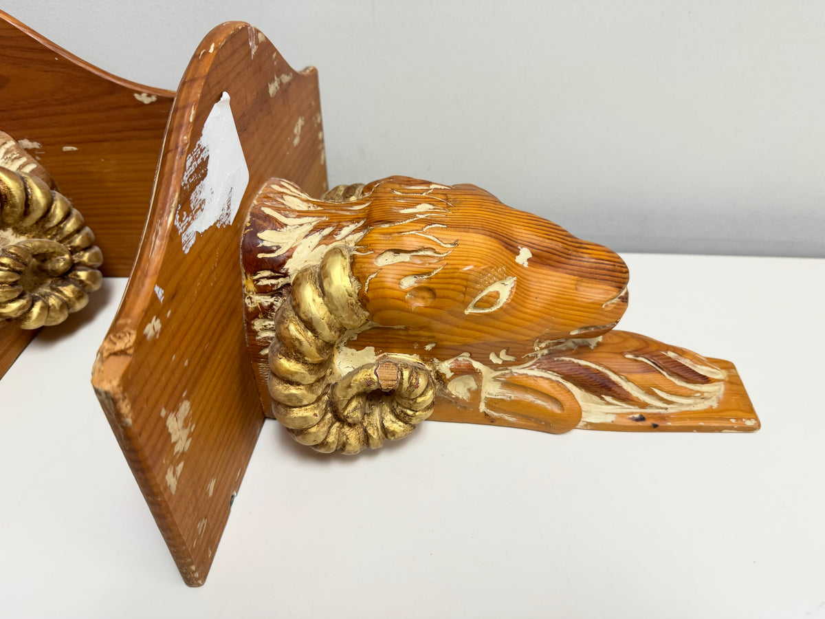 Ram's Head Wooden Shelf Pair