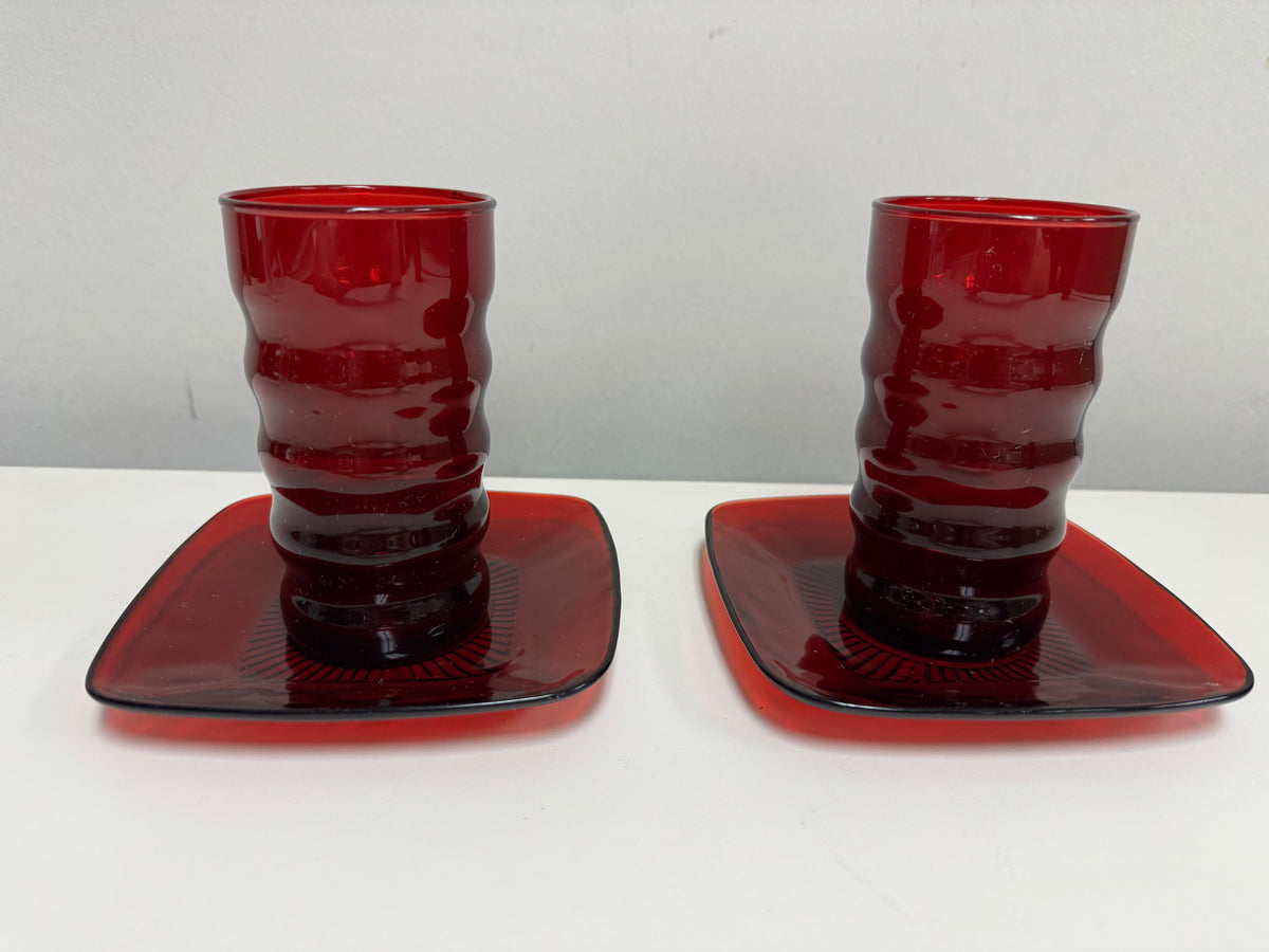 Anchor Hocking Midcentury Modern Ruby Red Cup & Saucers
