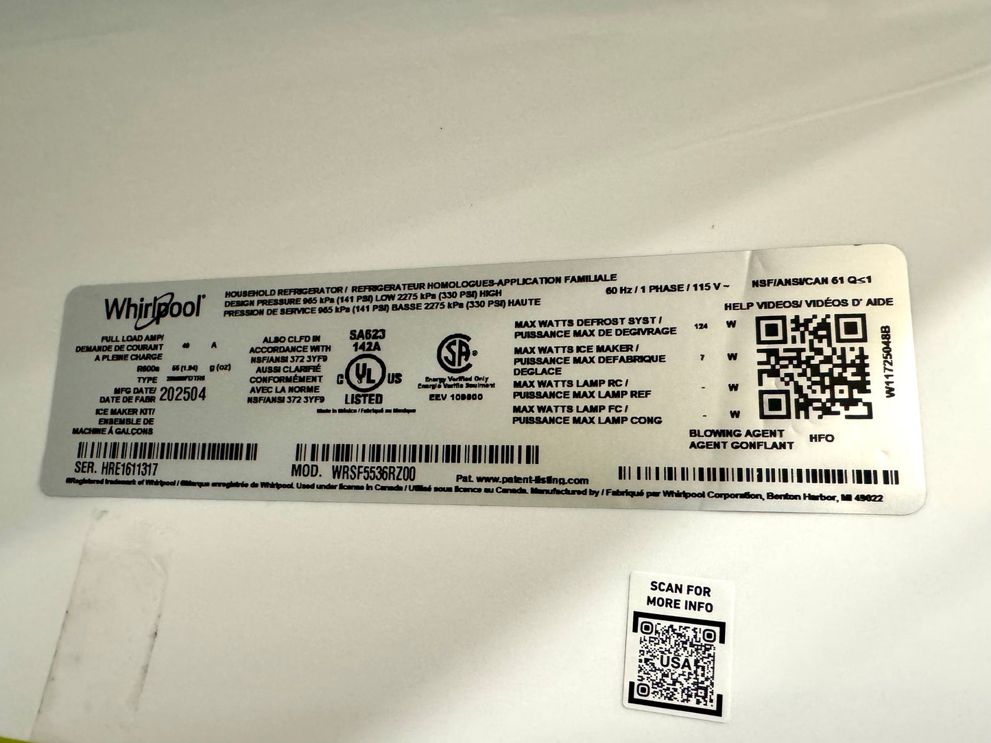 Whirlpool 28.7 cu. ft. Side-by-Side Refrigerator/Freezer