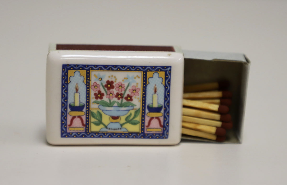 Tapa de caja de cerillas de cerámica vintage con clips de metal y caja de cerillas turca