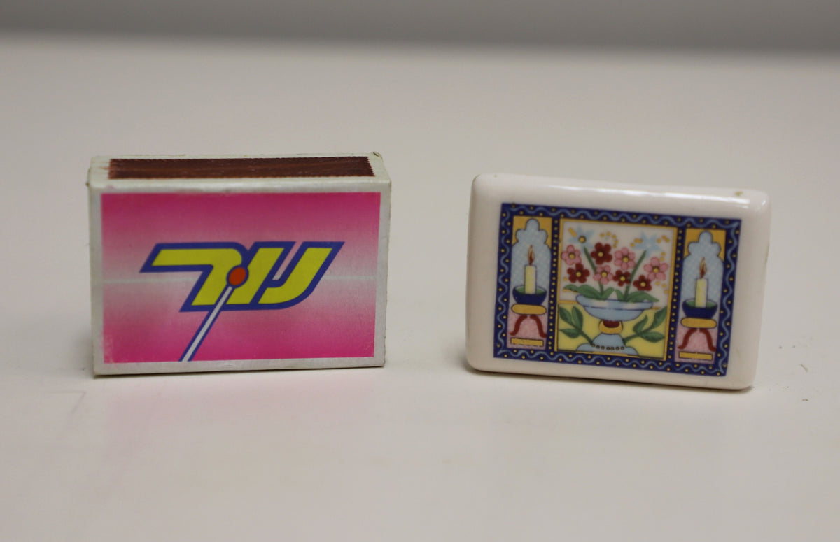 Tapa de caja de cerillas de cerámica vintage con clips de metal y caja de cerillas turca