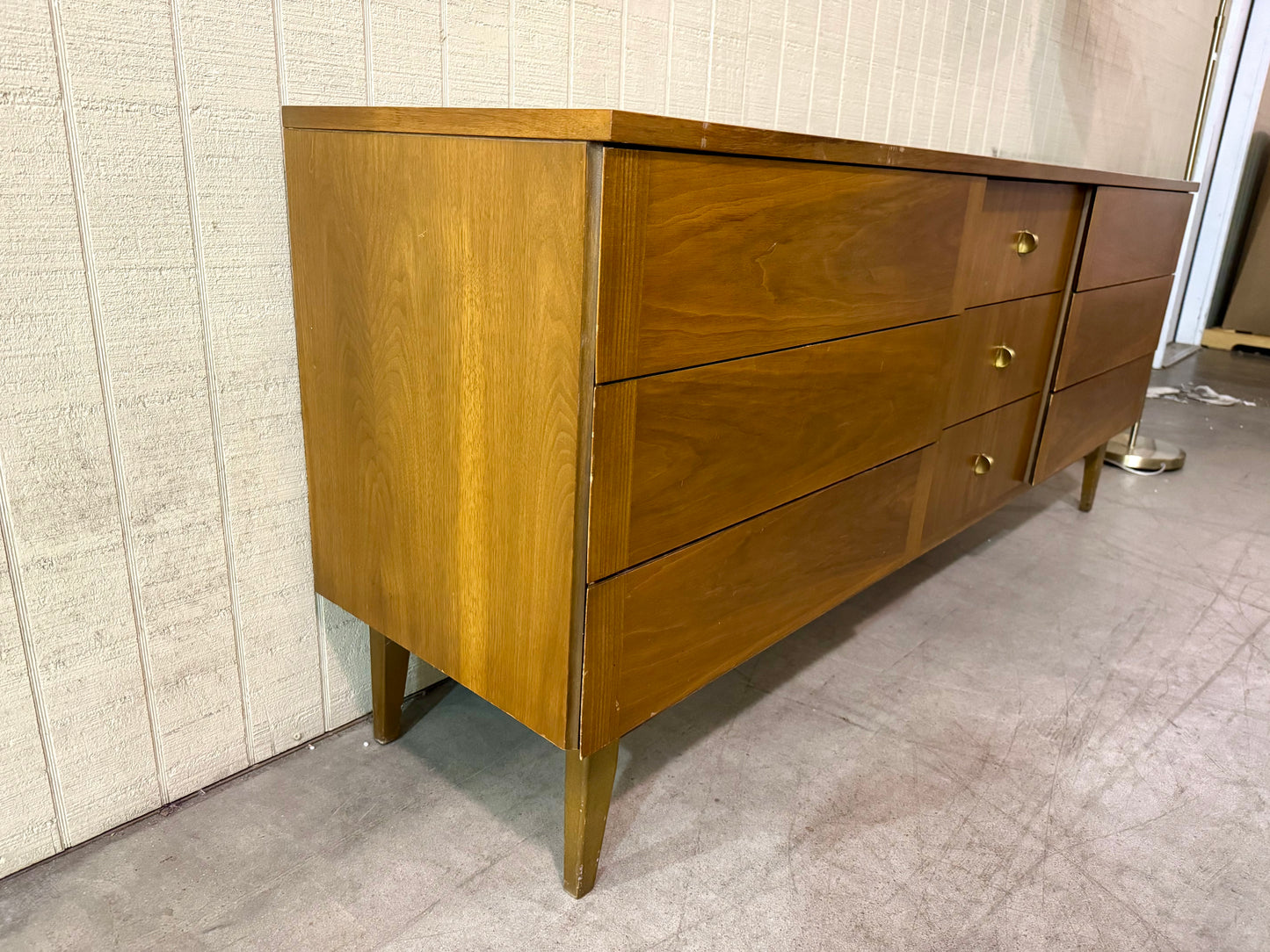 Stanley Midcentury Modern Walnut/Brass Lowboy Dresser