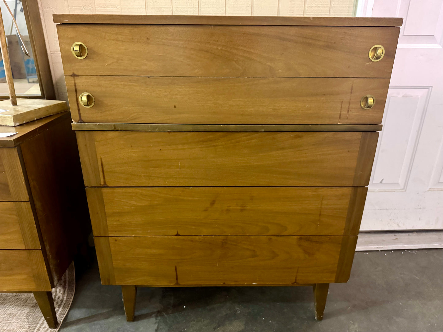 Stanley Midcentury Modern Walnut/Brass Highboy Dresser
