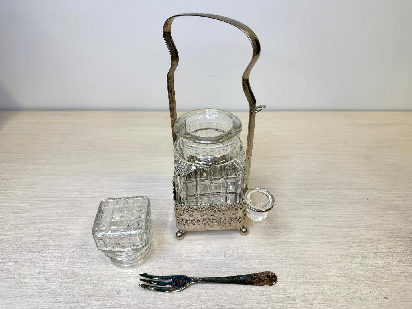 Glass Pickle Castor in Silver Holder