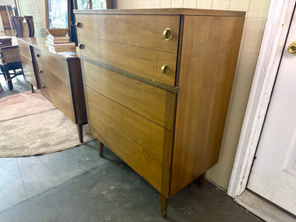 Stanley Midcentury Modern Walnut/Brass Highboy Dresser
