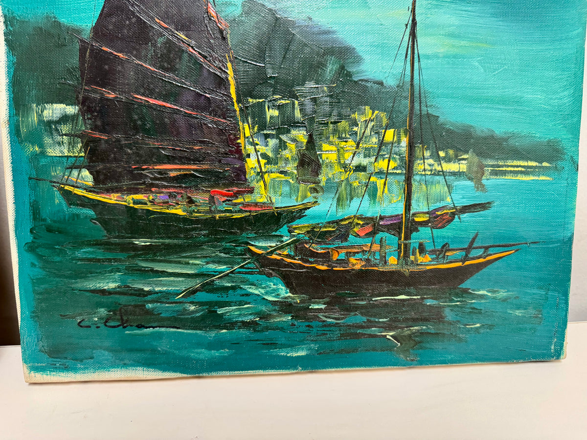 Vintage Harbor Nighttime Paintings Set