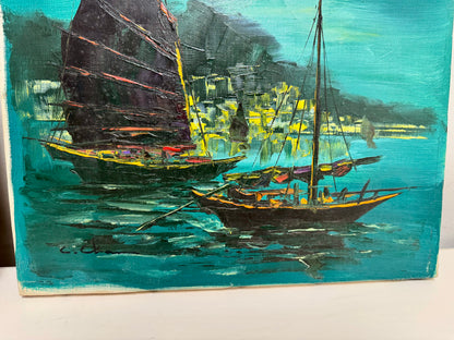 Vintage Harbor Nighttime Paintings Set