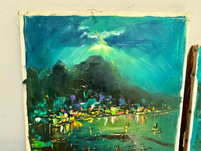 Vintage Harbor Nighttime Paintings Set