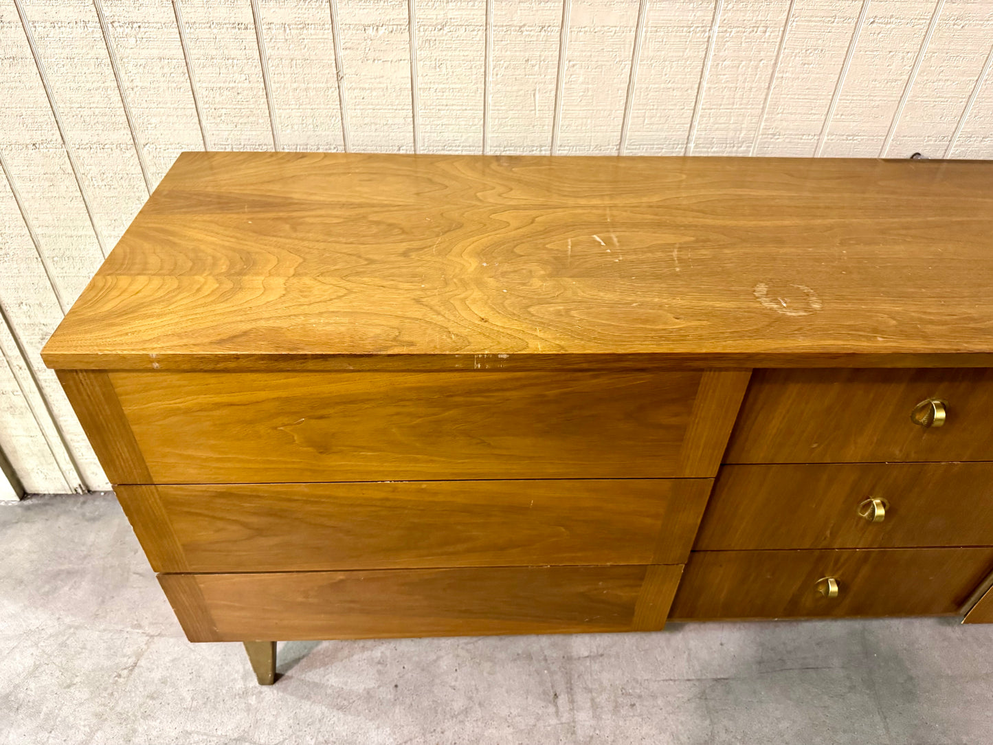 Stanley Midcentury Modern Walnut/Brass Lowboy Dresser