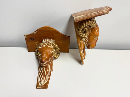 Ram's Head Wooden Shelf Pair