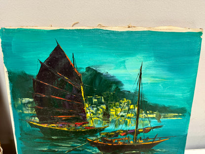 Vintage Harbor Nighttime Paintings Set