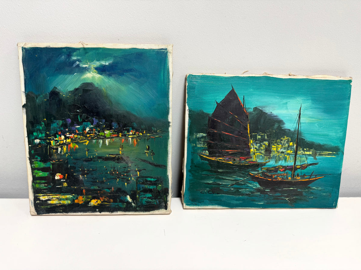 Vintage Harbor Nighttime Paintings Set