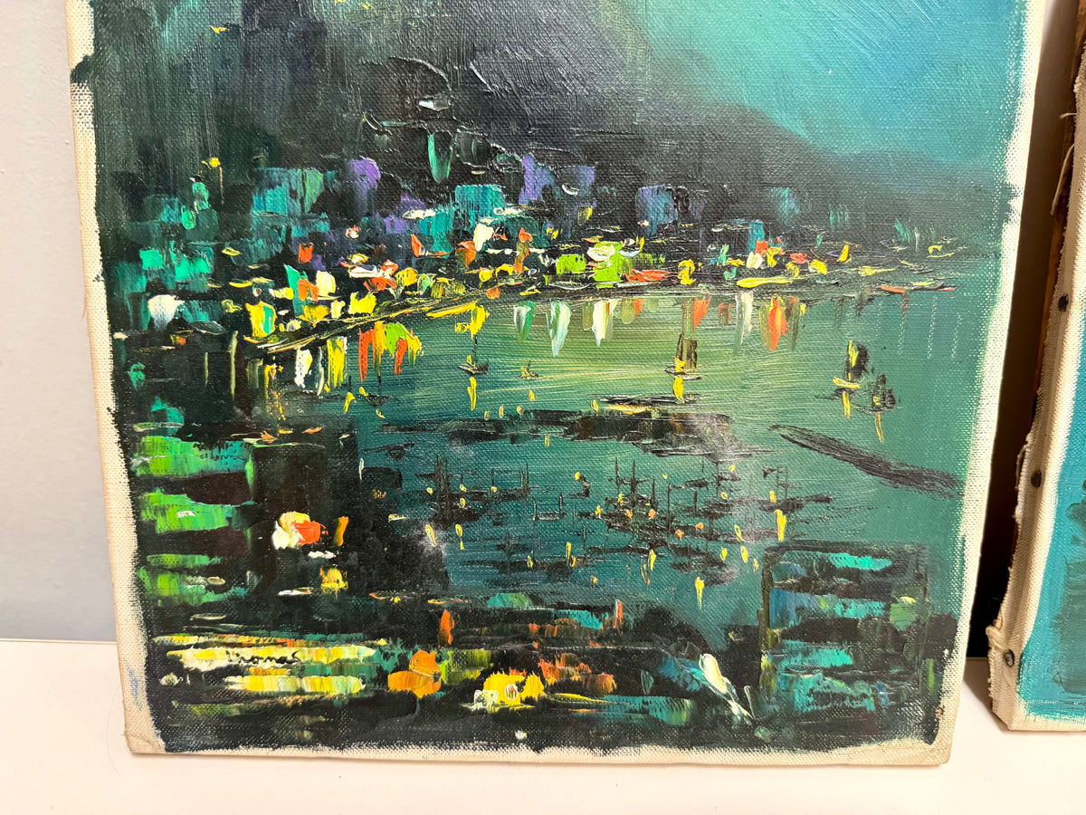 Vintage Harbor Nighttime Paintings Set