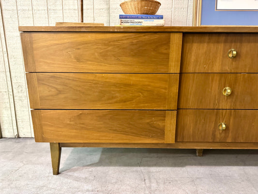 Stanley Midcentury Modern Walnut/Brass Lowboy Dresser