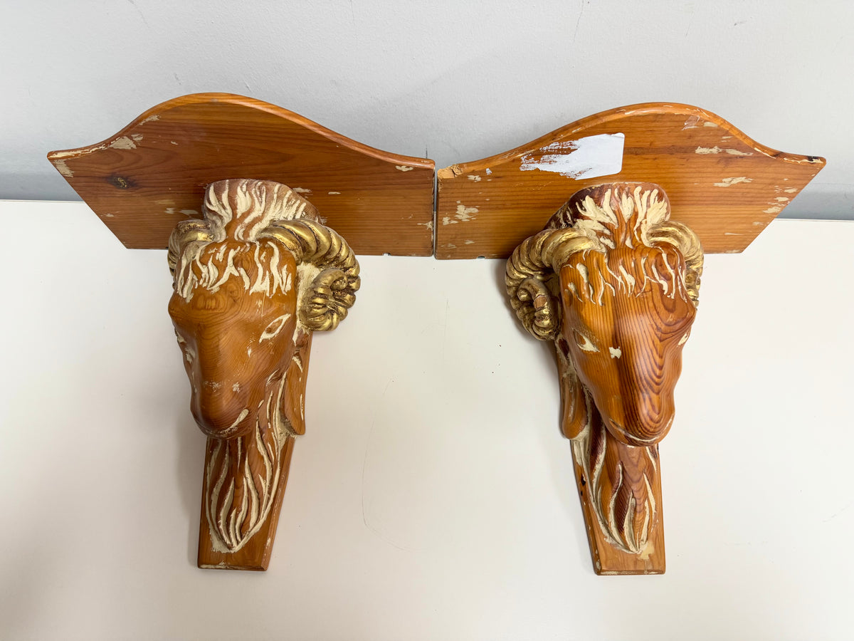 Ram's Head Wooden Shelf Pair