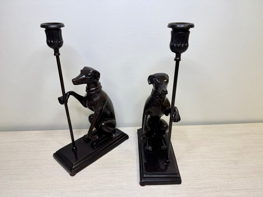 Vintage Maitland Smith Bronze Greyhound Candle Holder Pair