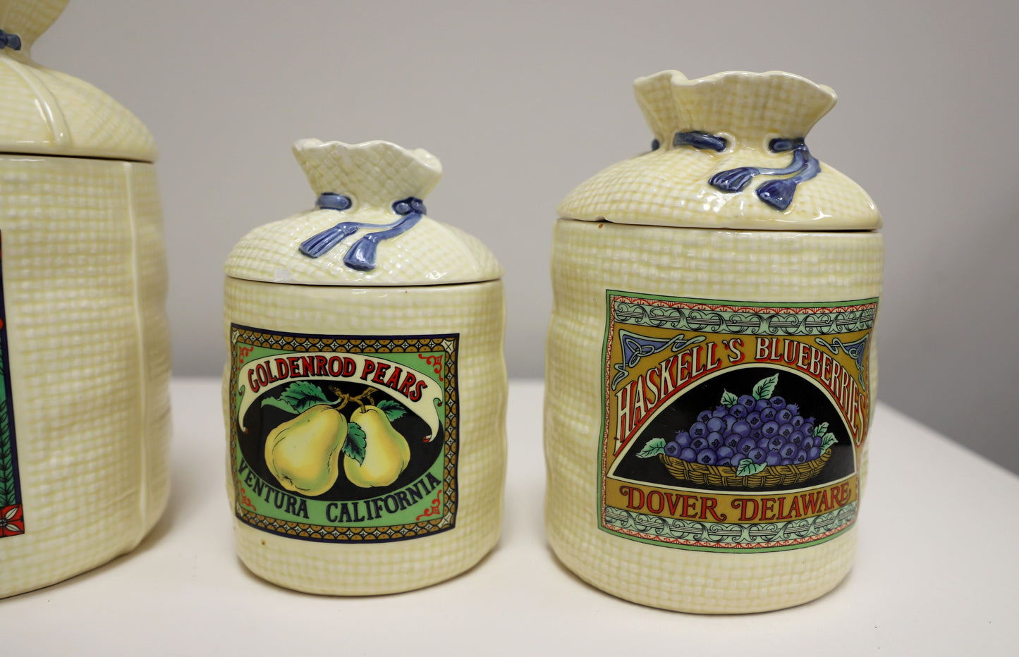 1988 Hearth & Home Ceramic Burlap Sack Canisters