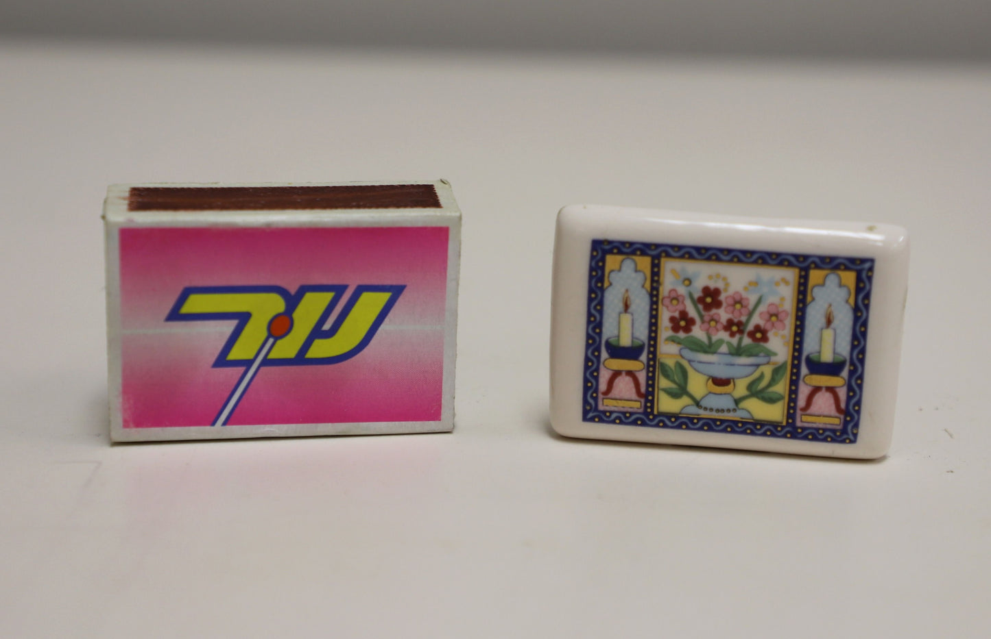 Vintage Ceramic Match Box Cover with Metal Clips & Turkish Matchbox